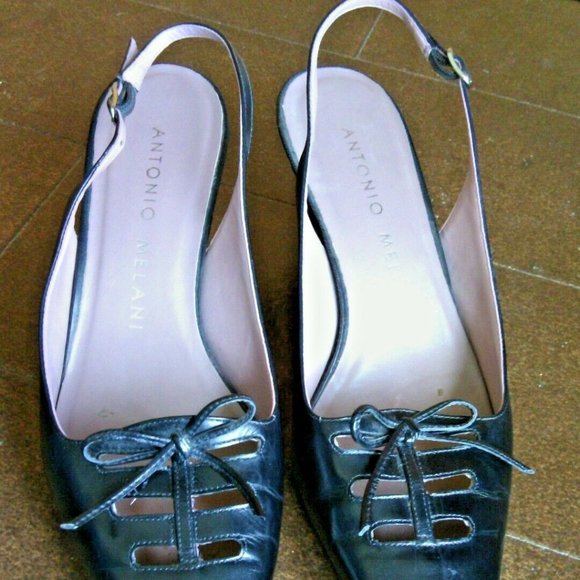 Antonio Melani Women's Glove Fit Black Leather Square Toe Ankle Strap Heels Bows - Picture 10 of 16